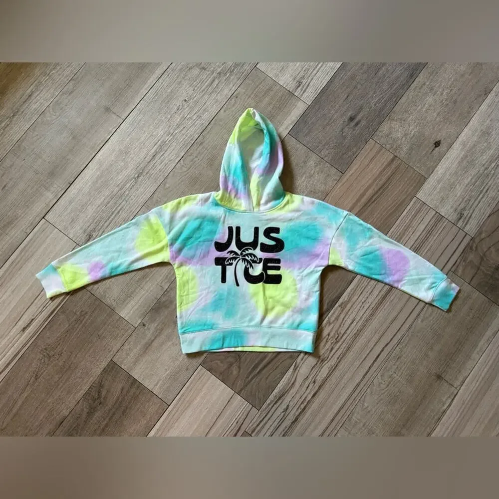 Justice tie dye blue pink yellow palm tree hoodie pullover jacket girls size M